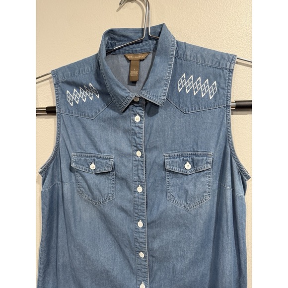 Bit & Bridle Dress Size Large Blue Button Down Pockets Sleeveless Cotton - Picture 2 of 6